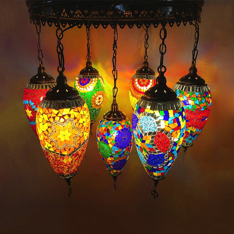 Traditionary 7 Heads Chandelier Lamp Bronze Teardrop Pendant Light with Colorful Glass Shade for Coffee House