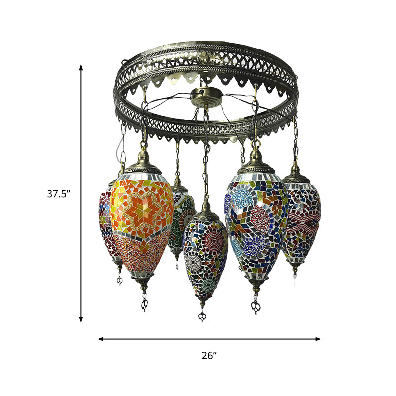 Traditionary 7 Heads Chandelier Lamp Bronze Teardrop Pendant Light with Colorful Glass Shade for Coffee House
