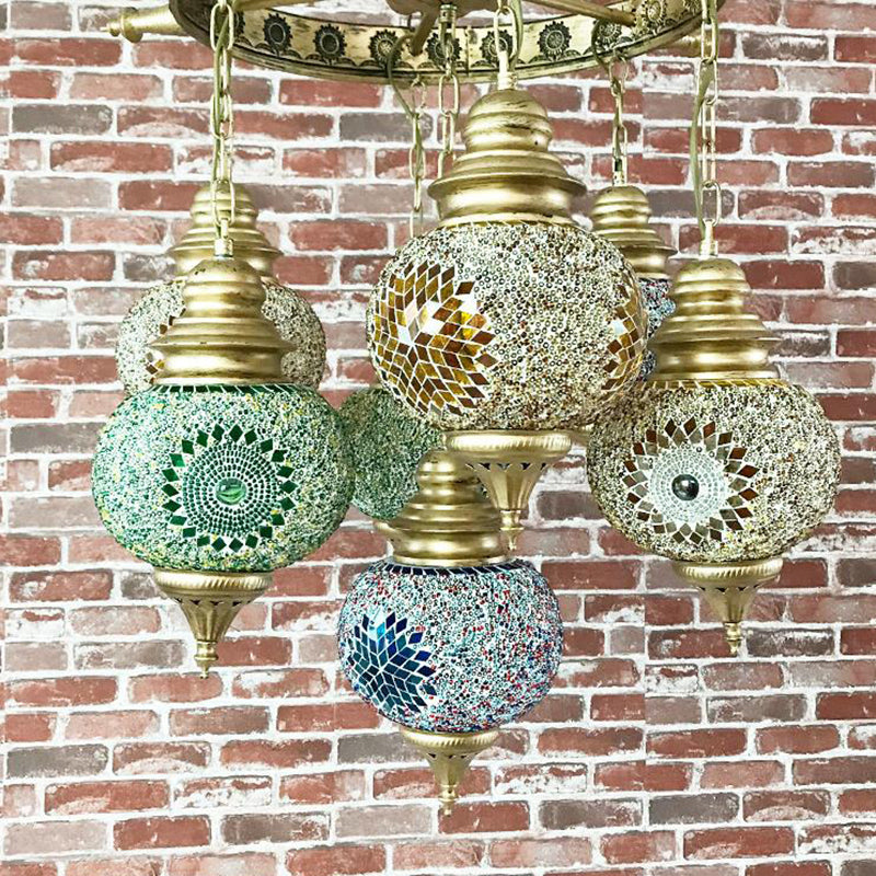 Globe Ceiling Chandelier Retro Colorful Glass 7 Heads Bronze Pendant Lighting Fixture for Living Room