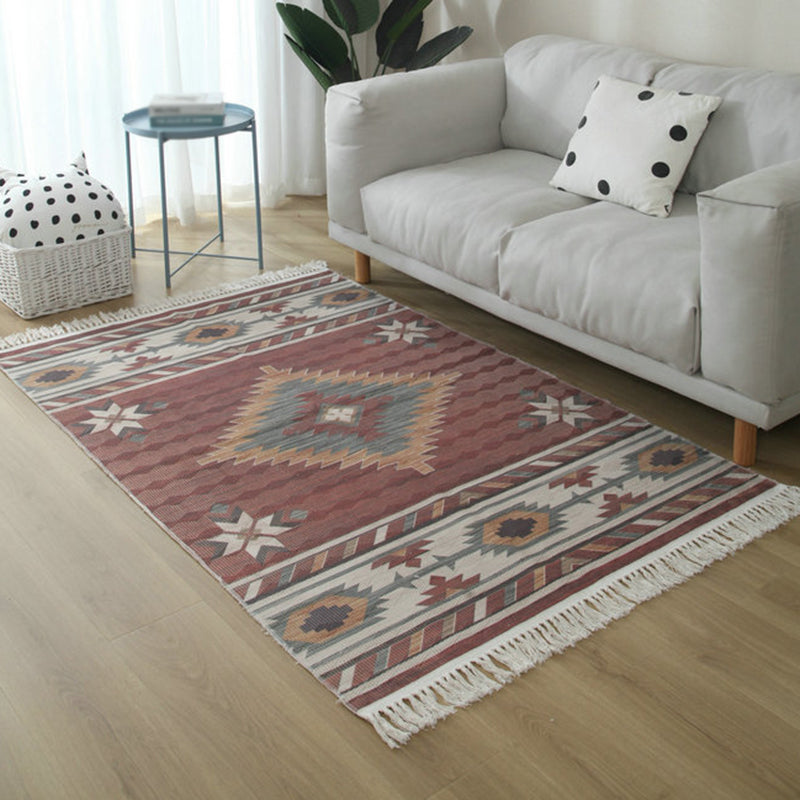 Simple Living Room Rug Multi-Color Geometric Printed Area Carpet Cotton Pet Friendly Easy Care Indoor Rug