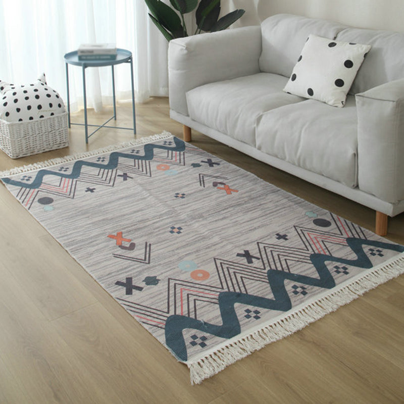 Simple Living Room Rug Multi-Color Geometric Printed Area Carpet Cotton Pet Friendly Easy Care Indoor Rug