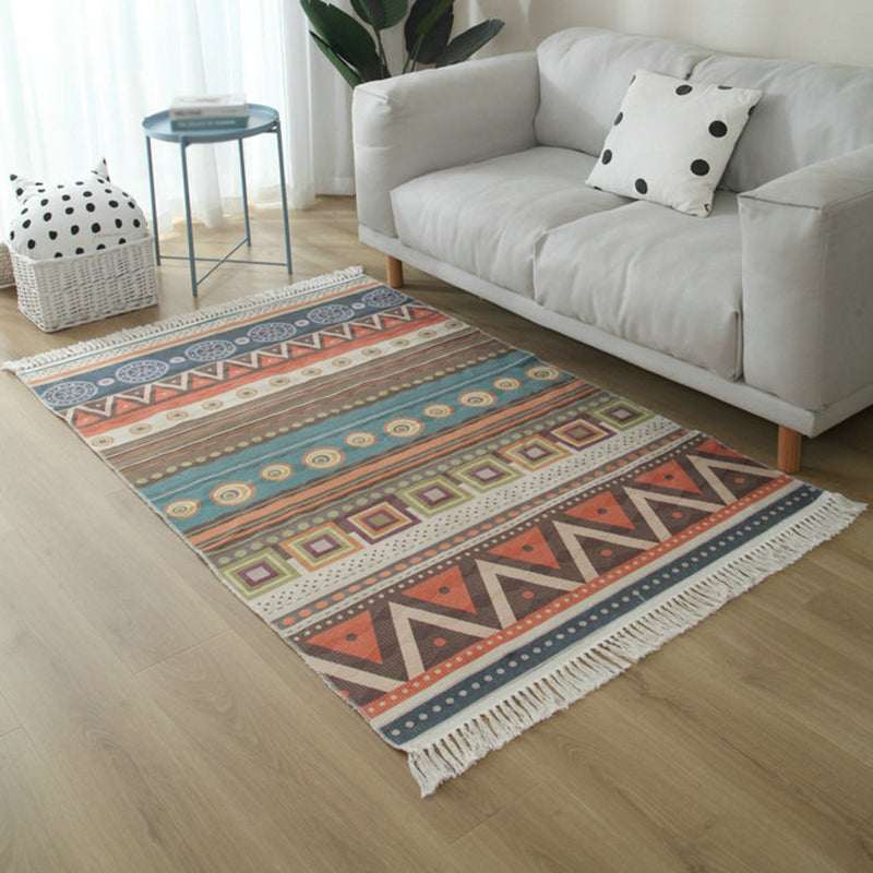 Simple Living Room Rug Multi-Color Geometric Printed Area Carpet Cotton Pet Friendly Easy Care Indoor Rug