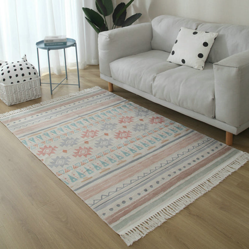 Simple Living Room Rug Multi-Color Geometric Printed Area Carpet Cotton Pet Friendly Easy Care Indoor Rug