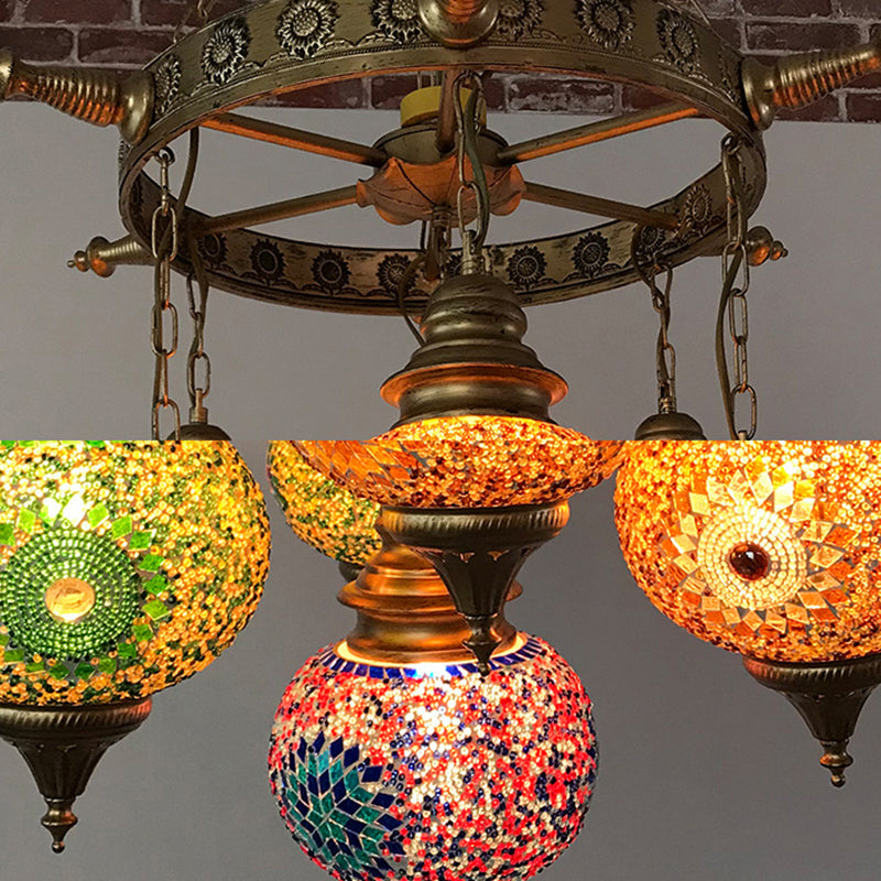 Globe Ceiling Chandelier Retro Colorful Glass 7 Heads Bronze Pendant Lighting Fixture for Living Room