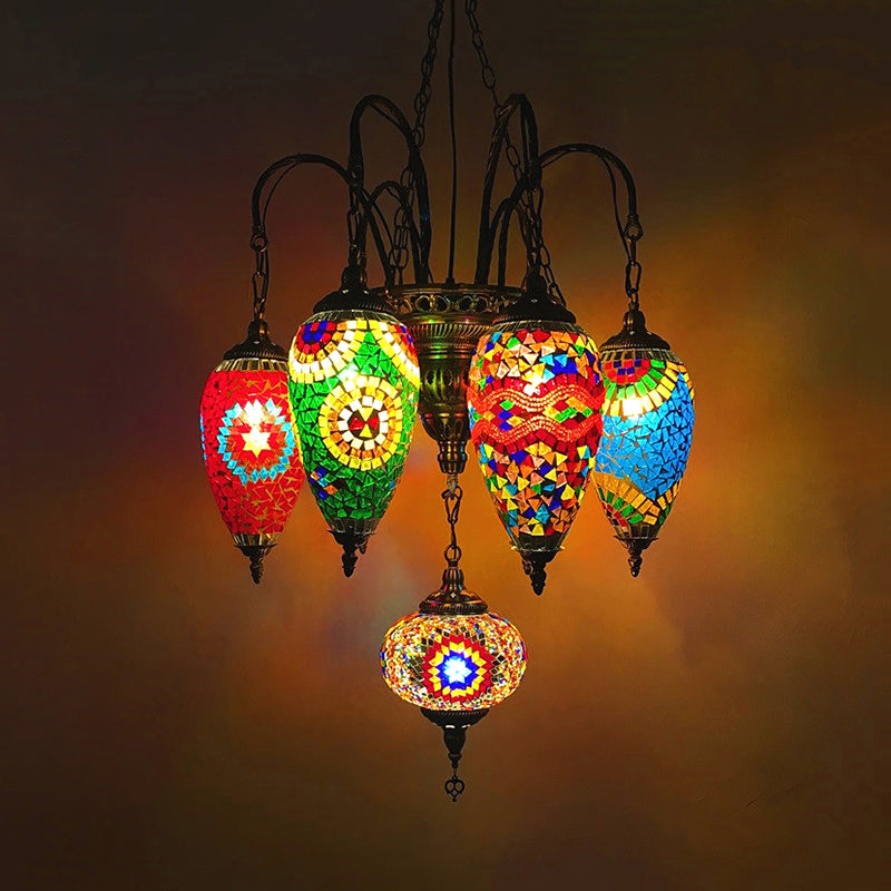 7 Bulbs Coffee House Hanging Chandelier Tradition Ceiling Pendant Light with Droplet Colorful Glass Shade