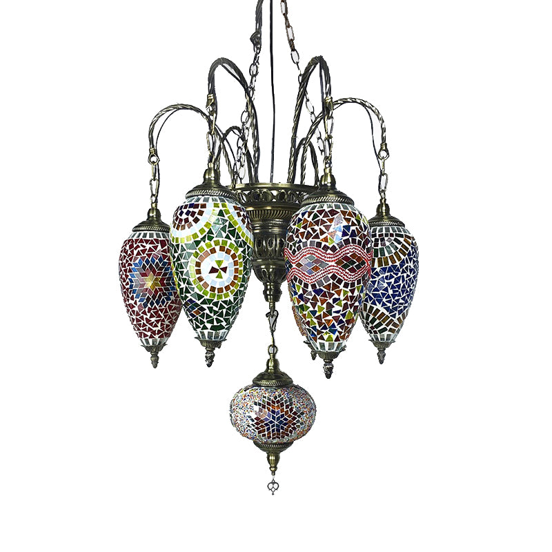 7 Bulbs Coffee House Hanging Chandelier Tradition Ceiling Pendant Light with Droplet Colorful Glass Shade