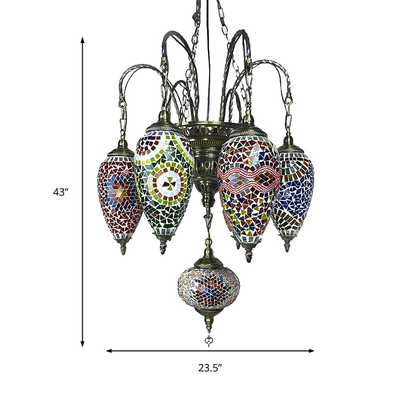 7 Bulbs Coffee House Hanging Chandelier Tradition Ceiling Pendant Light with Droplet Colorful Glass Shade