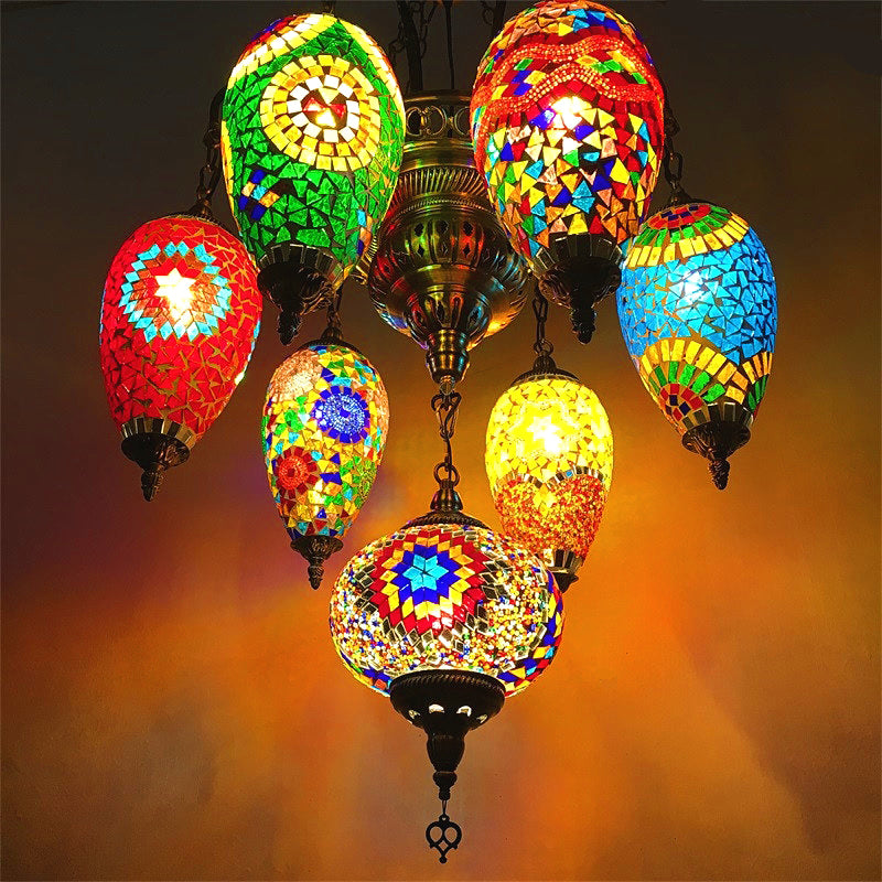 7 Bulbs Coffee House Hanging Chandelier Tradition Ceiling Pendant Light with Droplet Colorful Glass Shade