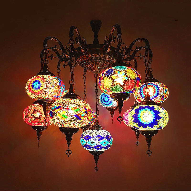 Curved Arm Metal Chandelier Antique 11 Heads Bronze Hanging Light Kit with Global Colorful Glass Shade