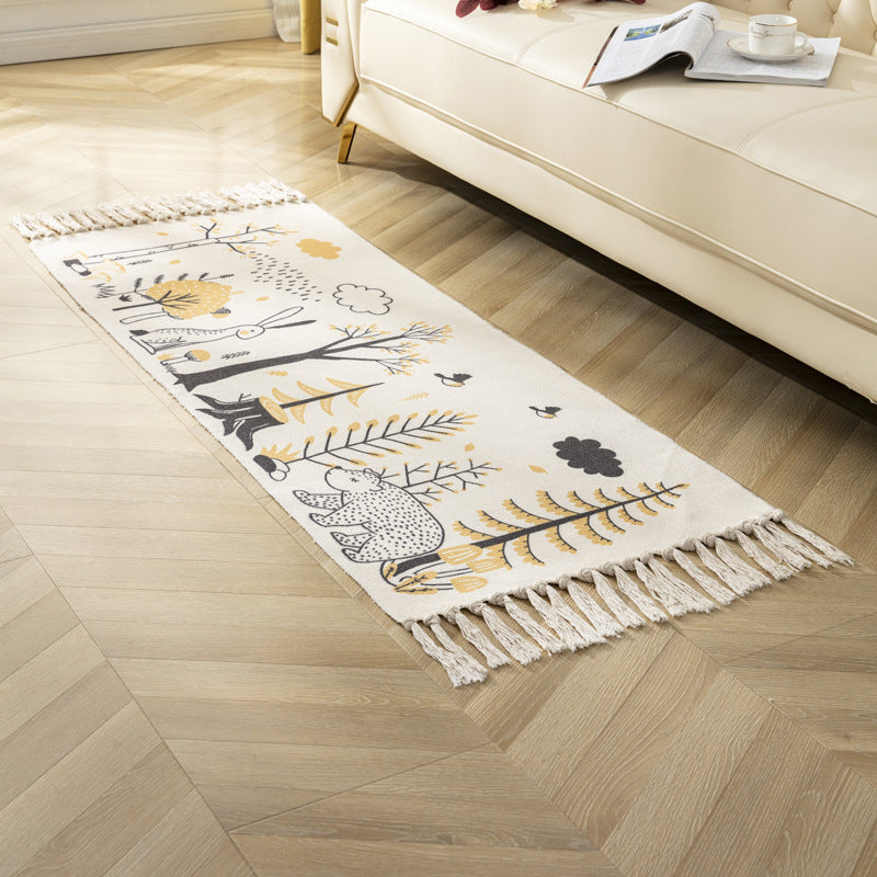 Modern Plant Printed Rug Multi-Colored Jute Area Carpet Easy Care Pet Friendly Stain-Resistant Indoor Rug with Tassel for Bedroom