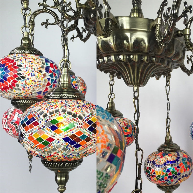 Curved Arm Metal Chandelier Antique 11 Heads Bronze Hanging Light Kit with Global Colorful Glass Shade
