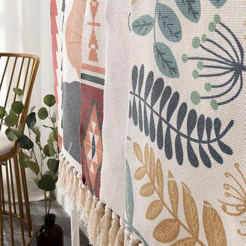 Modern Plant Printed Rug Multi-Colored Jute Area Carpet Easy Care Pet Friendly Stain-Resistant Indoor Rug with Tassel for Bedroom