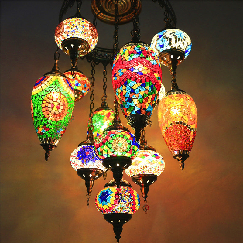 Traditionary Ball and Teardrop Chandelier Lamp Colorful Glass 12 Heads Ceiling Light Fixture in Bronze for Restaurant