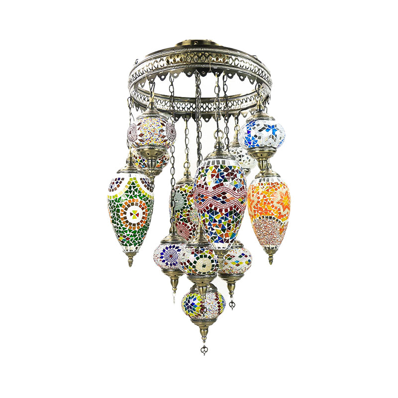 Traditionary Ball and Teardrop Chandelier Lamp Colorful Glass 12 Heads Ceiling Light Fixture in Bronze for Restaurant