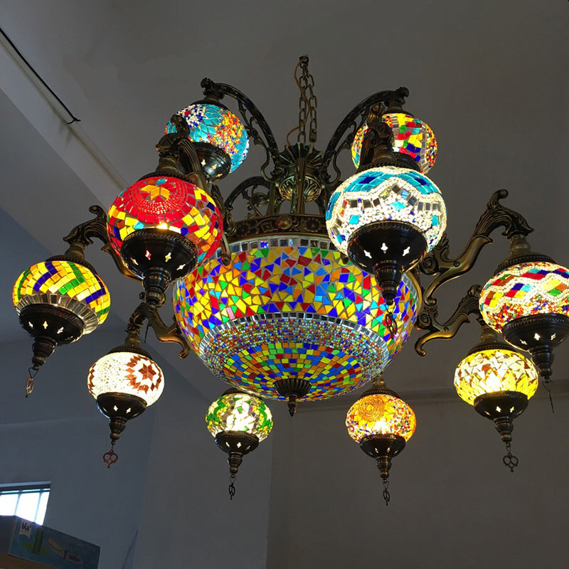 Curved Arm Metal Chandelier Traditional 15 Heads Bronze Hanging Light Kit with Ball Colorful Glass Shade