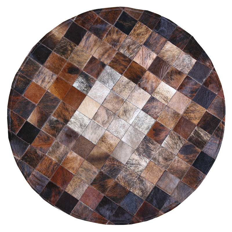 Brown Plaid Patterned Rug Cowhide Scandinavian Area Carpet Non-Slip Backing Pet Friendly Indoor Rug for Decor