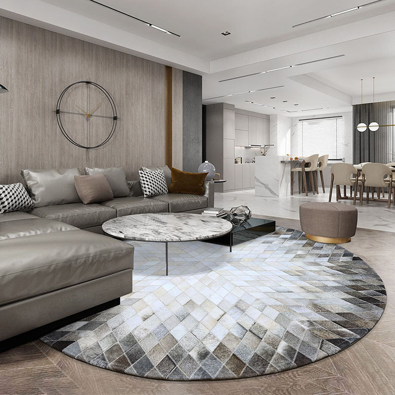 Gray-White Living Room Nordic Geometric Pattern Indoor Rug Cowhide Non-Slip Easy Care Area Carpet