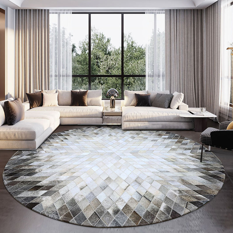 Gray-White Living Room Nordic Geometric Pattern Indoor Rug Cowhide Non-Slip Easy Care Area Carpet