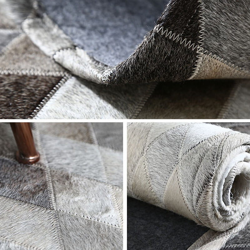 Gray-White Living Room Nordic Geometric Pattern Indoor Rug Cowhide Non-Slip Easy Care Area Carpet