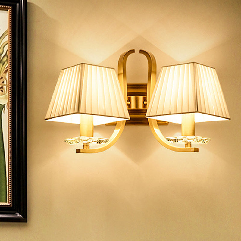 Trapezoid Fabric Shade Sconce Light Vintage 1/2-Head Bedroom Wall Mount Lamp in Gold