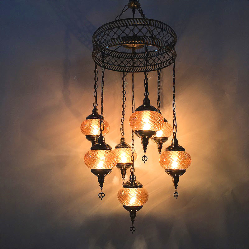 3/5/7 Bulbs Coffee House Hanging Chandelier Retro Bronze Ceiling Pendant Light with Spherical Colorful Glass Shade