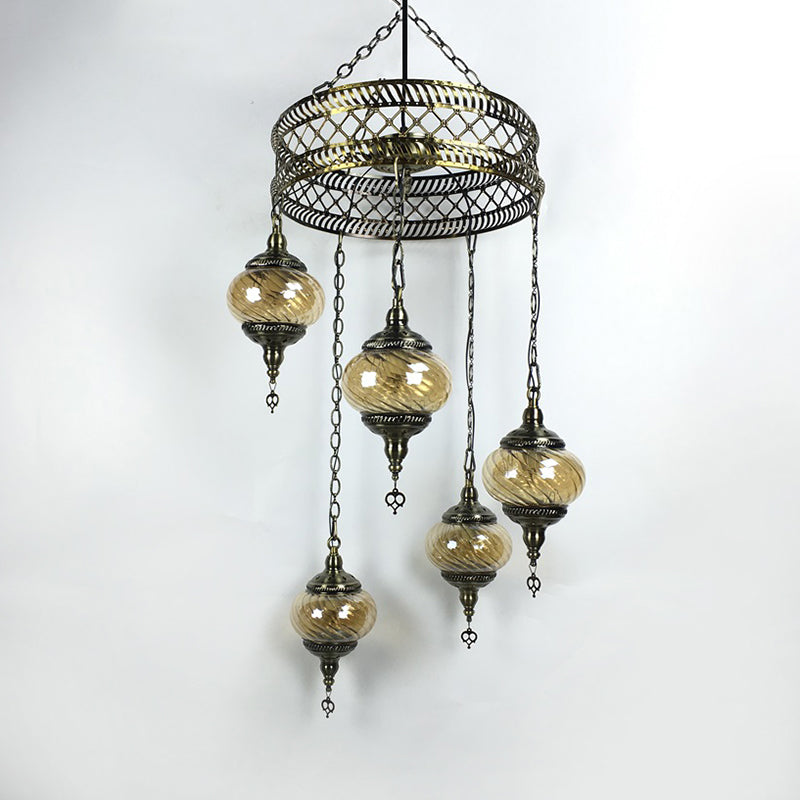 3/5/7 Bulbs Coffee House Hanging Chandelier Retro Bronze Ceiling Pendant Light with Spherical Colorful Glass Shade
