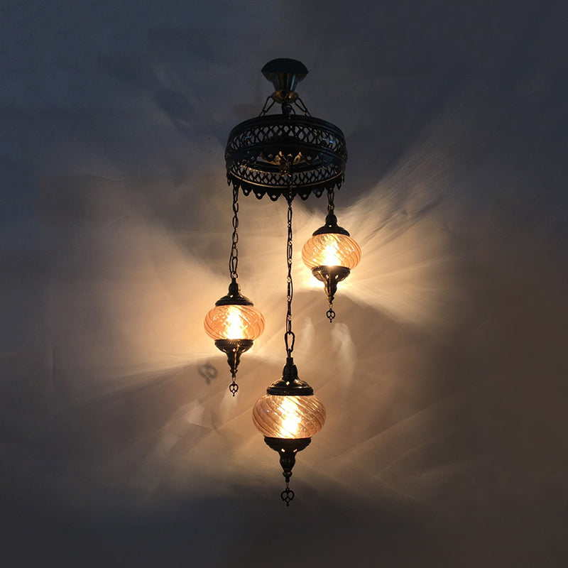 3/5/7 Bulbs Coffee House Hanging Chandelier Retro Bronze Ceiling Pendant Light with Spherical Colorful Glass Shade