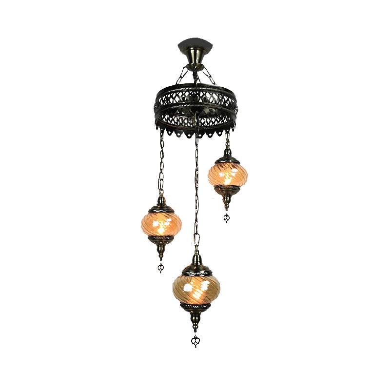 3/5/7 Bulbs Coffee House Hanging Chandelier Retro Bronze Ceiling Pendant Light with Spherical Colorful Glass Shade