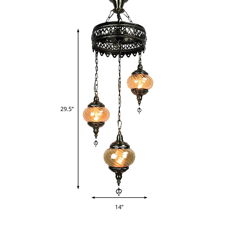 3/5/7 Bulbs Coffee House Hanging Chandelier Retro Bronze Ceiling Pendant Light with Spherical Colorful Glass Shade