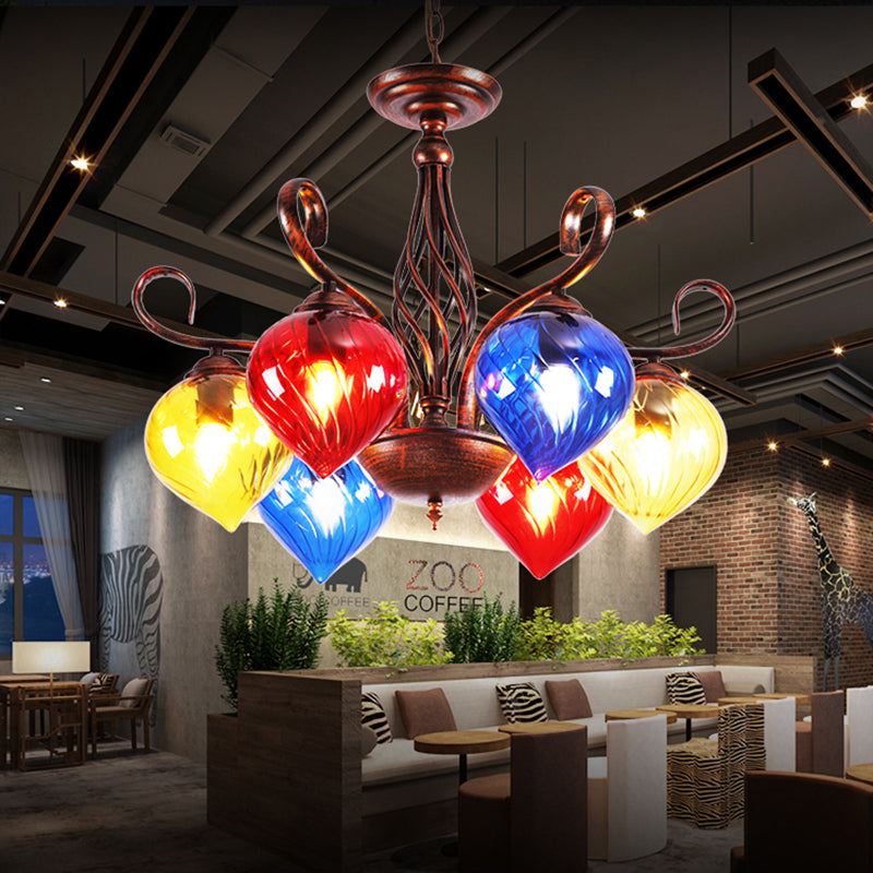 Red Brown Pine Chandelier Lamp Antique 6 Heads Colorful Glass Ceiling Pendant Light