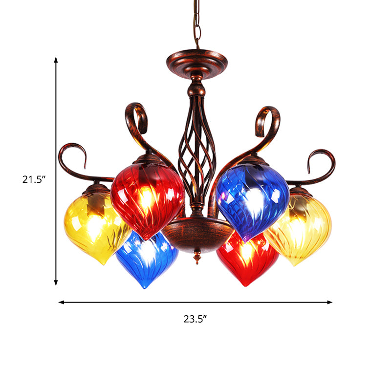 Red Brown Pine Chandelier Lamp Antique 6 Heads Colorful Glass Ceiling Pendant Light