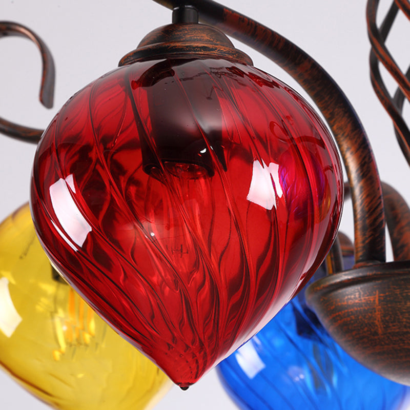 Red Brown Pine Chandelier Lamp Antique 6 Heads Colorful Glass Ceiling Pendant Light