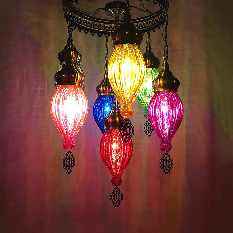7 Bulbs Urn Ceiling Chandelier Tradition Colorful Glass Suspended Lighting Fixture in Bronze