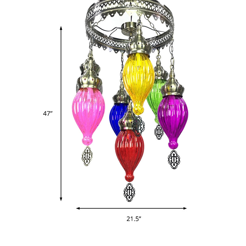 7 Bulbs Urn Ceiling Chandelier Tradition Colorful Glass Suspended Lighting Fixture in Bronze