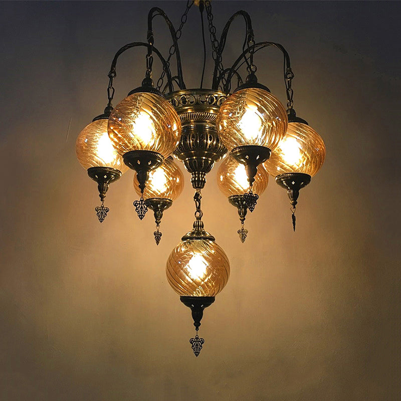 Globe Chandelier Vintage Amber Swirl Glass 7 Bulbs Pendant Light Fixture for Coffee House