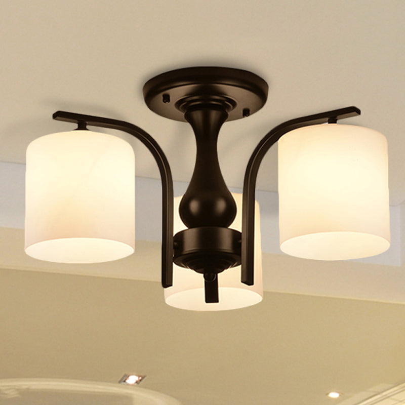 3/5/6 Lights Semi Flush Mount Traditional Cylinder Frosted Glass Ceiling Light in Black for Bedroom