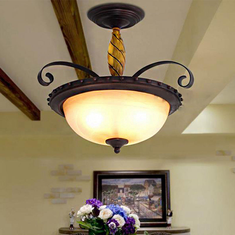 Ciotola marrone semifulona leggera tradizionale vetro smerigliato a 3 luci lampada da soffitto camera da letto