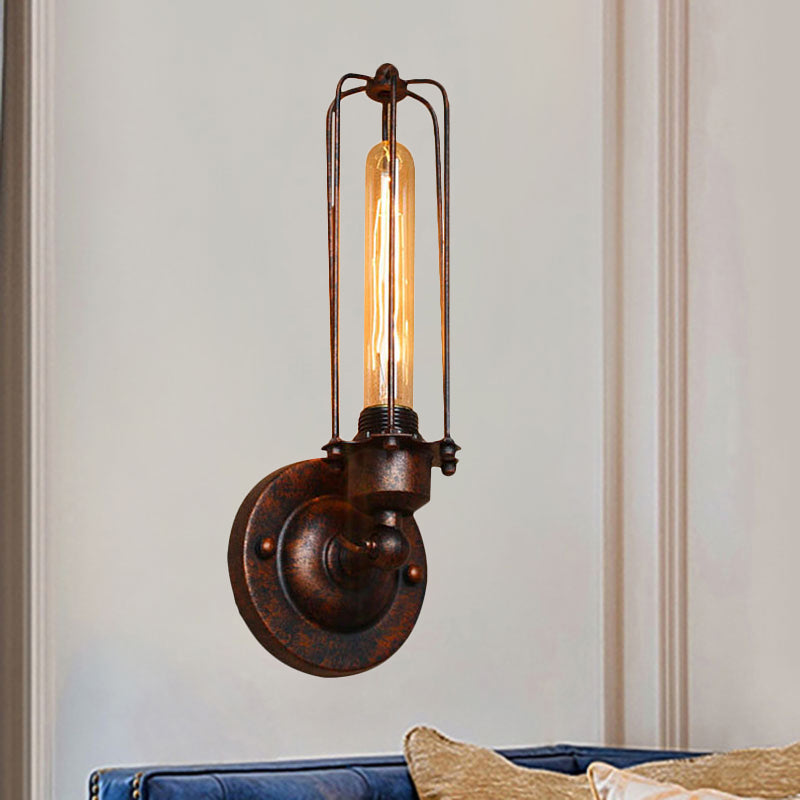 1/2-Bulb Linear Cage Sconce Lamp Industrial Black/Rust Metal Wall Light Fixture for Living Room