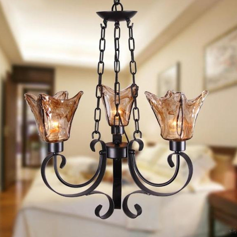 3/6/8 Bulbs Ceiling Lamp Scroll Amber Glass Classic Living Room Chandelier Pendant Light with Flower Shade