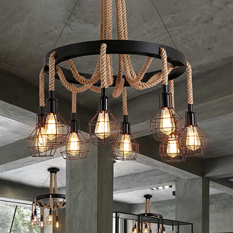 Black Multi Light Chandelier Pendant Light Vintage Style Metal Global/Bell Cage Pendant Lamp with Rope