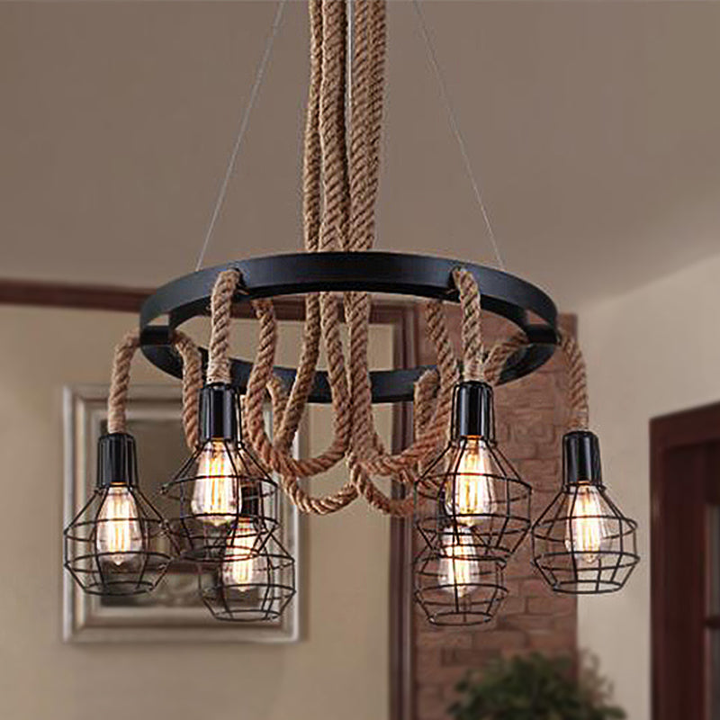 Lampada a ciondolo a sospensione a lampadina multipla nera Light Vintage Metal Global/Bell Cage Spender Lamp with Rope