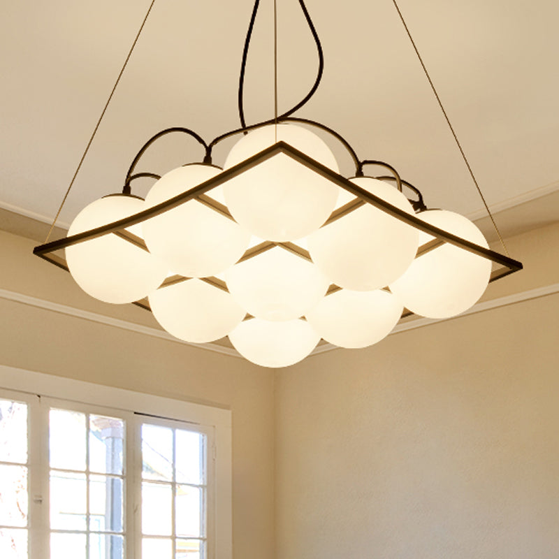 Globe Living Room Ceiling Chandelier Traditional Frosted Glass 4/9 Lights White Hanging Fixture
with Square Frame