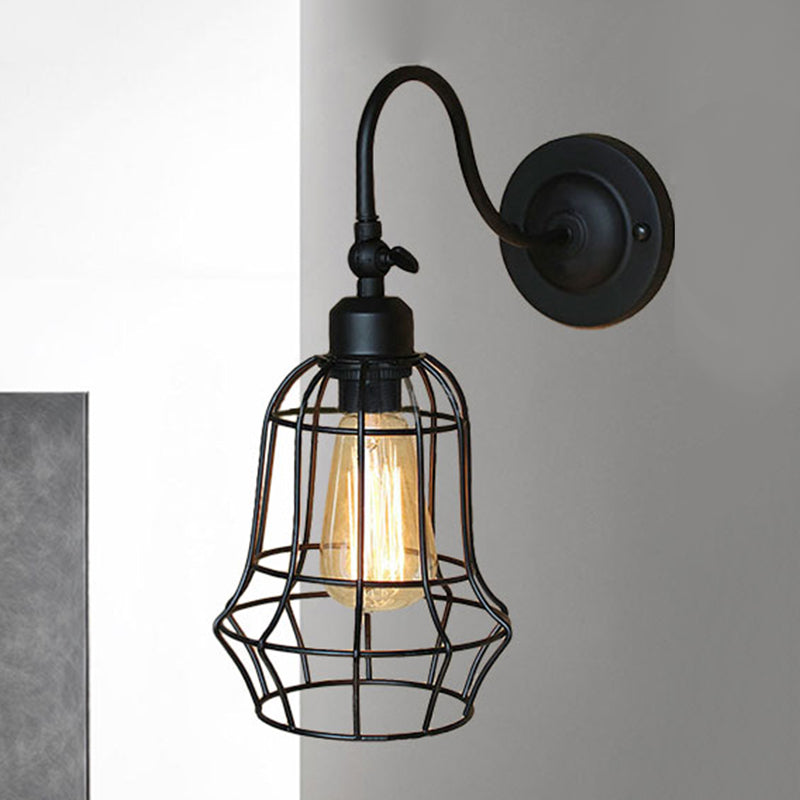 Black Globe/Oval Cage Wall Mount Light with Gooseneck Arm Retro Style Metallic 1 Head Bedroom Mini Wall Lamp