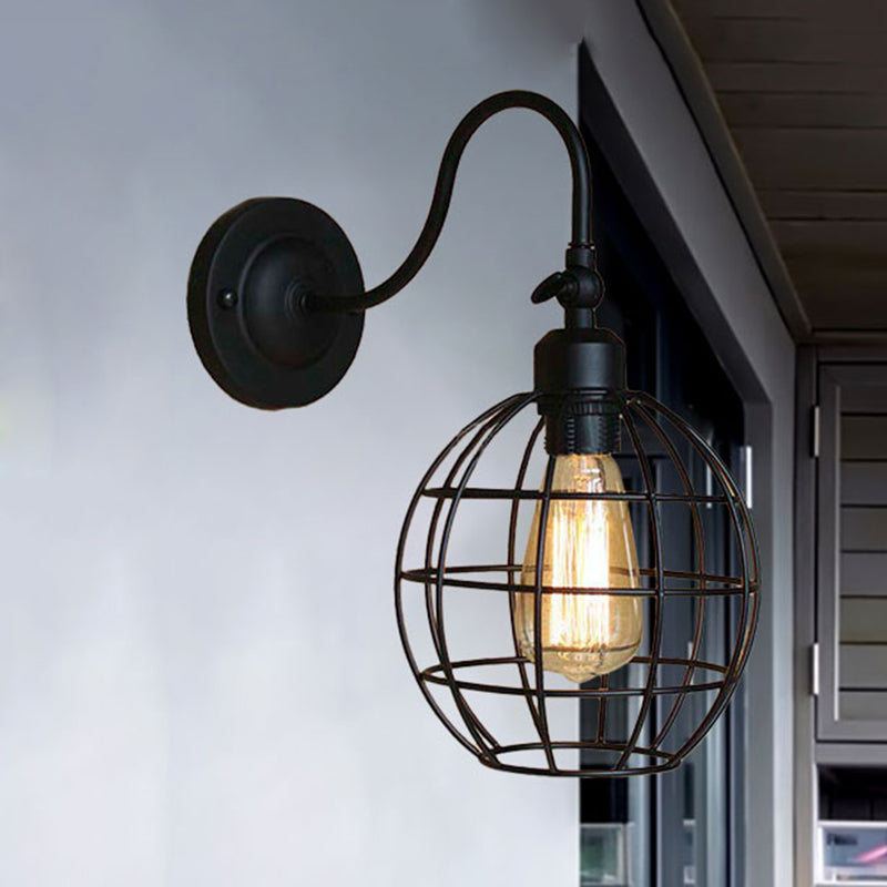 Black Globe/Oval Cage Wall Mount Light with Gooseneck Arm Retro Style Metallic 1 Head Bedroom Mini Wall Lamp