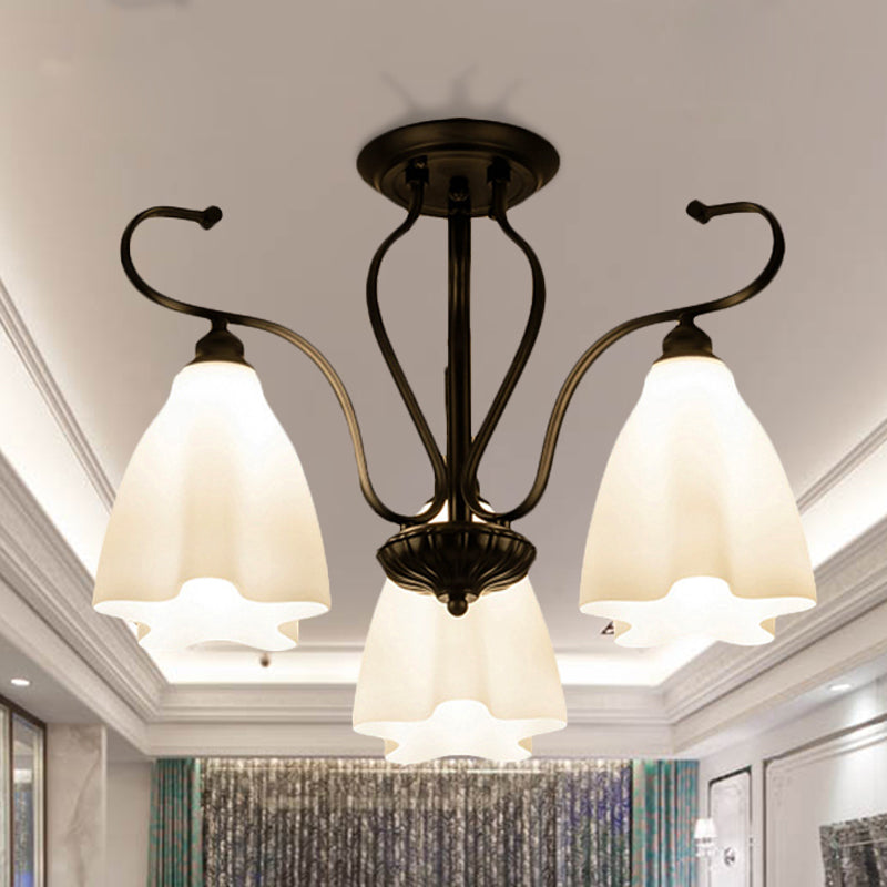 3/6/8 luci bianche Lampada del soffitto in vetro bianco classico Soggiorno a forma di fiori neri