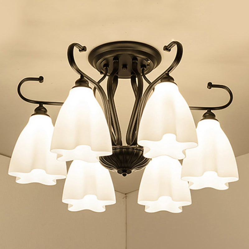 3/6/8 luci bianche Lampada del soffitto in vetro bianco classico Soggiorno a forma di fiori neri