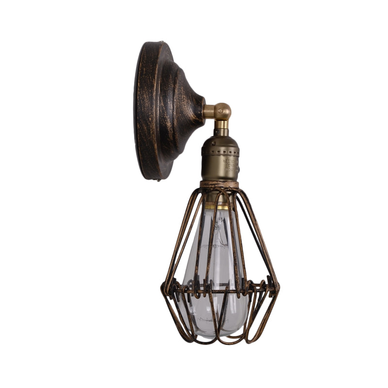 1 Light Mini Caged Wall Lamp Rustic Stylish Weathered Brass Iron Wall Sconce Lighting for Dining Room
