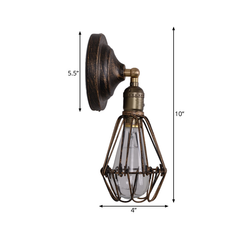 1 Light Mini Caged Wall Lamp Rustic Stylish Weathered Brass Iron Wall Sconce Lighting for Dining Room