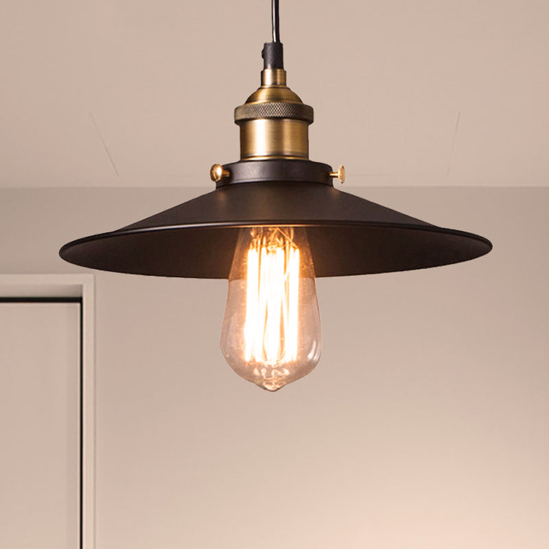 Metallic Flat Shade Ceiling Pendant Retro Stylish 1 Bulb Coffee Shop Hanging Lamp in Black, 7"/8.5" Width