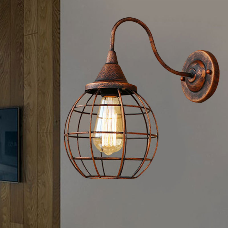 Rustic Style Ball Cage Wall Lighting with Gooseneck Arm 1 Bulb Iron Wall Sconce in Rust/Black Finish